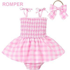 NWT Adorable Barbie Costume Movie Pink Gingham Plaid Baby Romper & Girls…